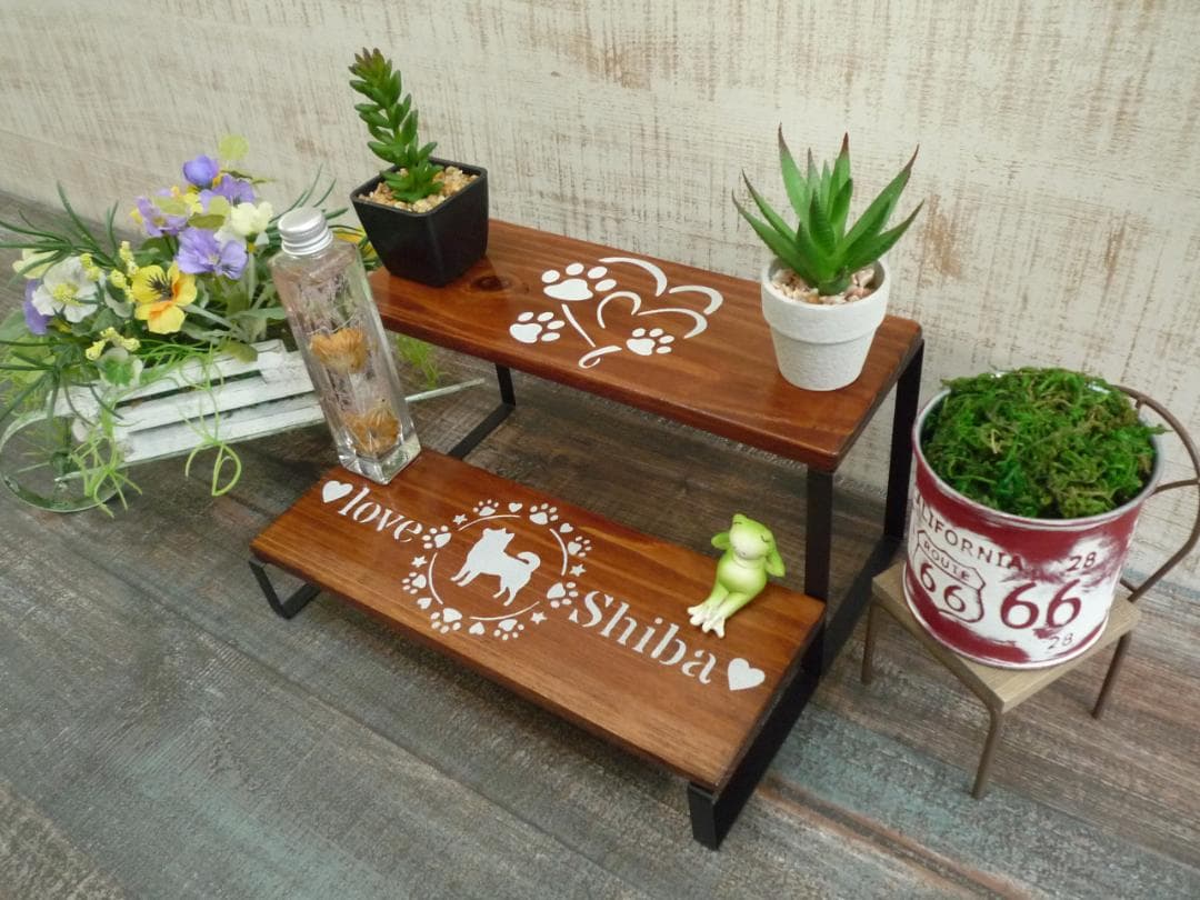 ♥️ご予約⭐柴犬ちゃん柄♥️アイアンレッグ2段棚⭐ウォルナット♥️--168