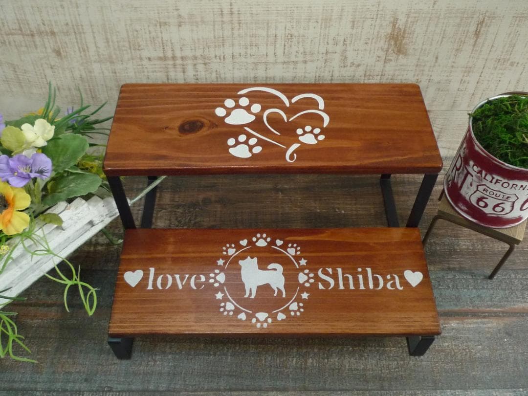♥️ご予約⭐柴犬ちゃん柄♥️アイアンレッグ2段棚⭐ウォルナット♥️--168