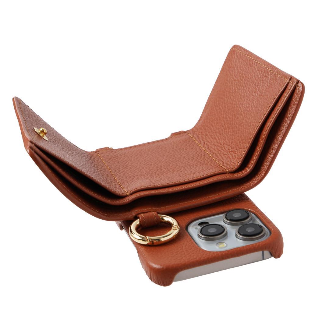 iPhone15 本牛革 カバー 財布付き ケース ブラウン ストラップ付