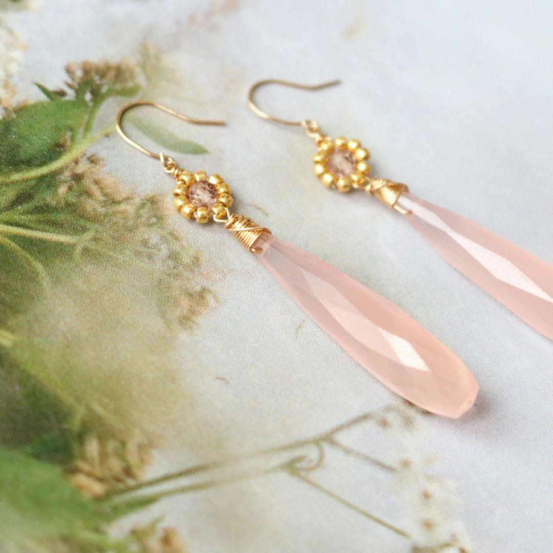 K10YG ピンクカルセドニー ロングドロップ ピアス