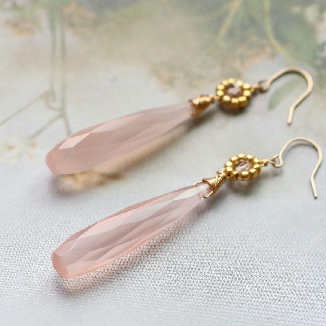 K10YG ピンクカルセドニー ロングドロップ ピアス