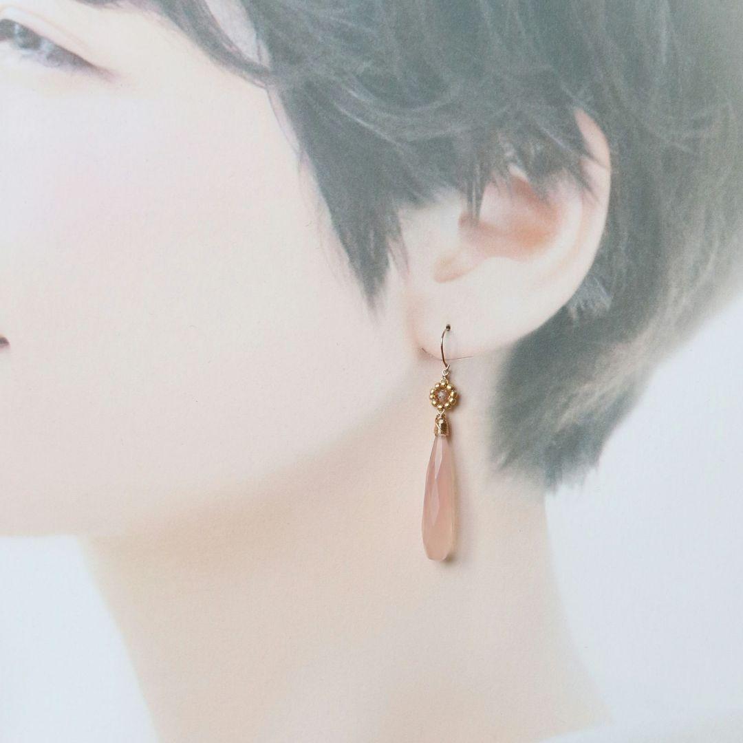 K10YG ピンクカルセドニー ロングドロップ ピアス