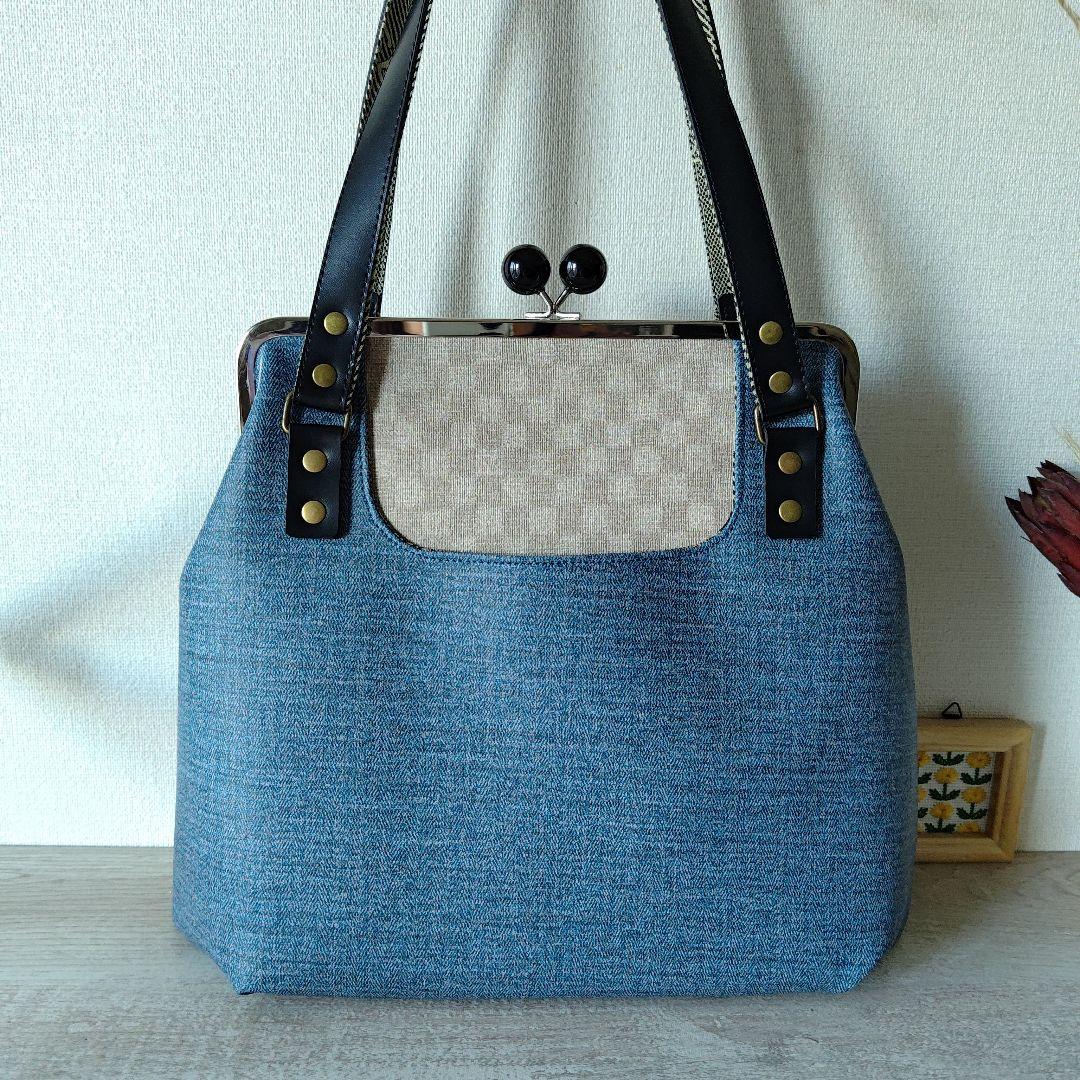 がまぐちバッグ✨ブルーレザー✨肩掛け✨ハンドメイド