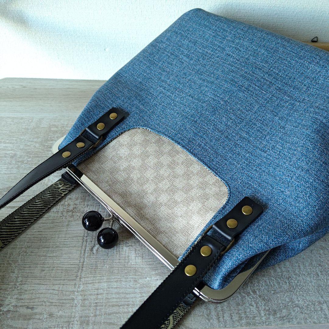がまぐちバッグ✨ブルーレザー✨肩掛け✨ハンドメイド