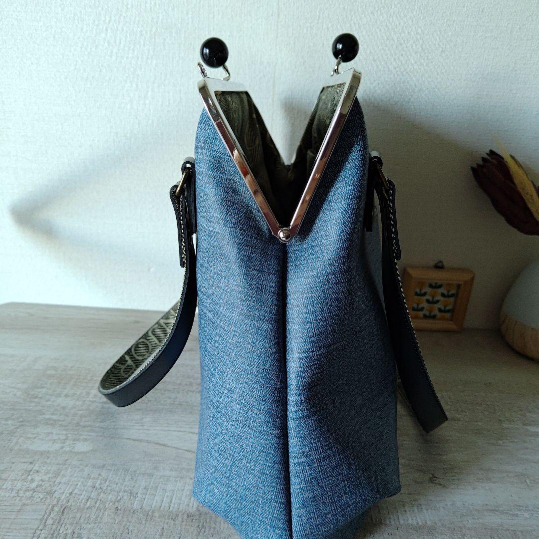 がまぐちバッグ✨ブルーレザー✨肩掛け✨ハンドメイド