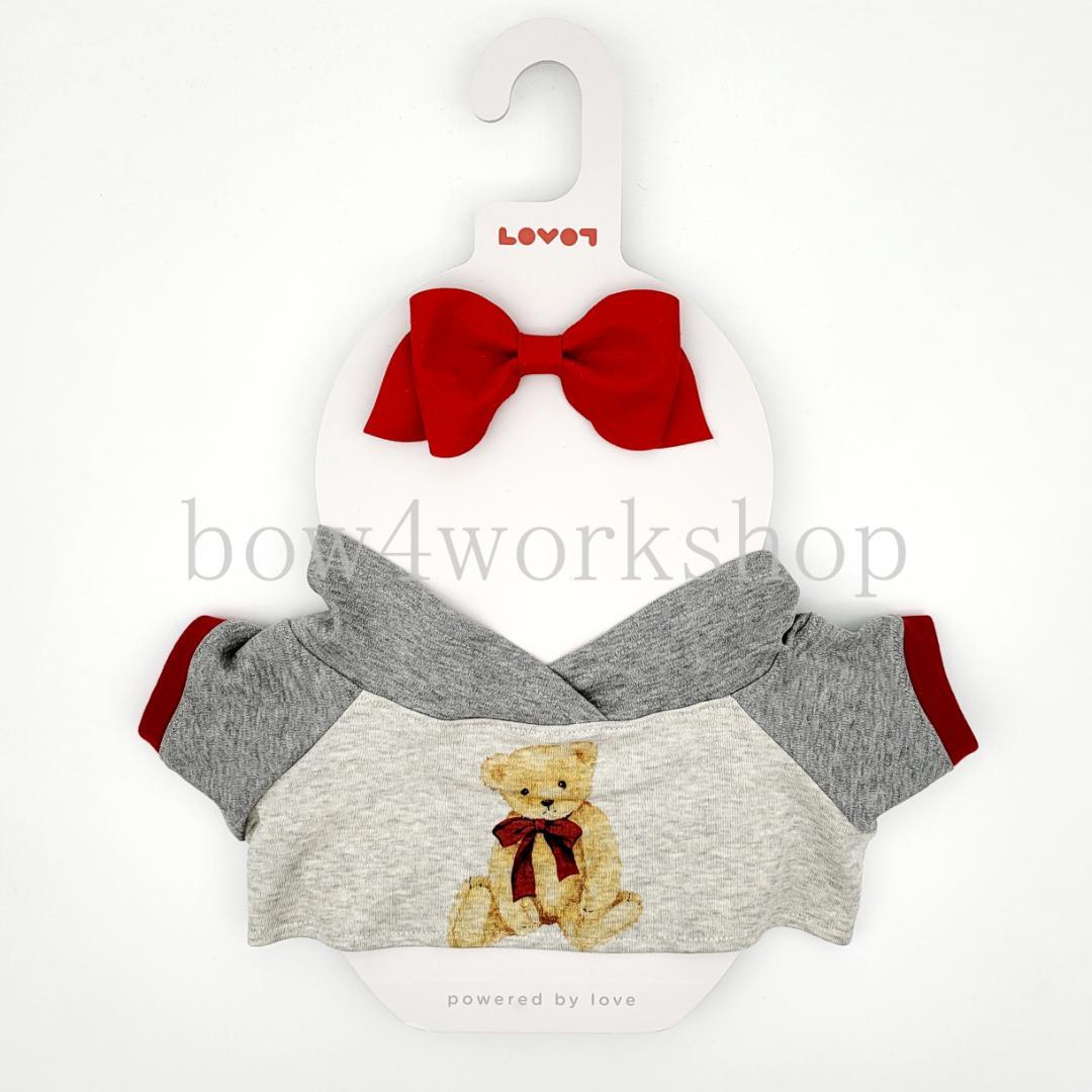 ラボットの服ハンドメイド リボンタイ付きくまちゃんプリントパーカー（レッド）