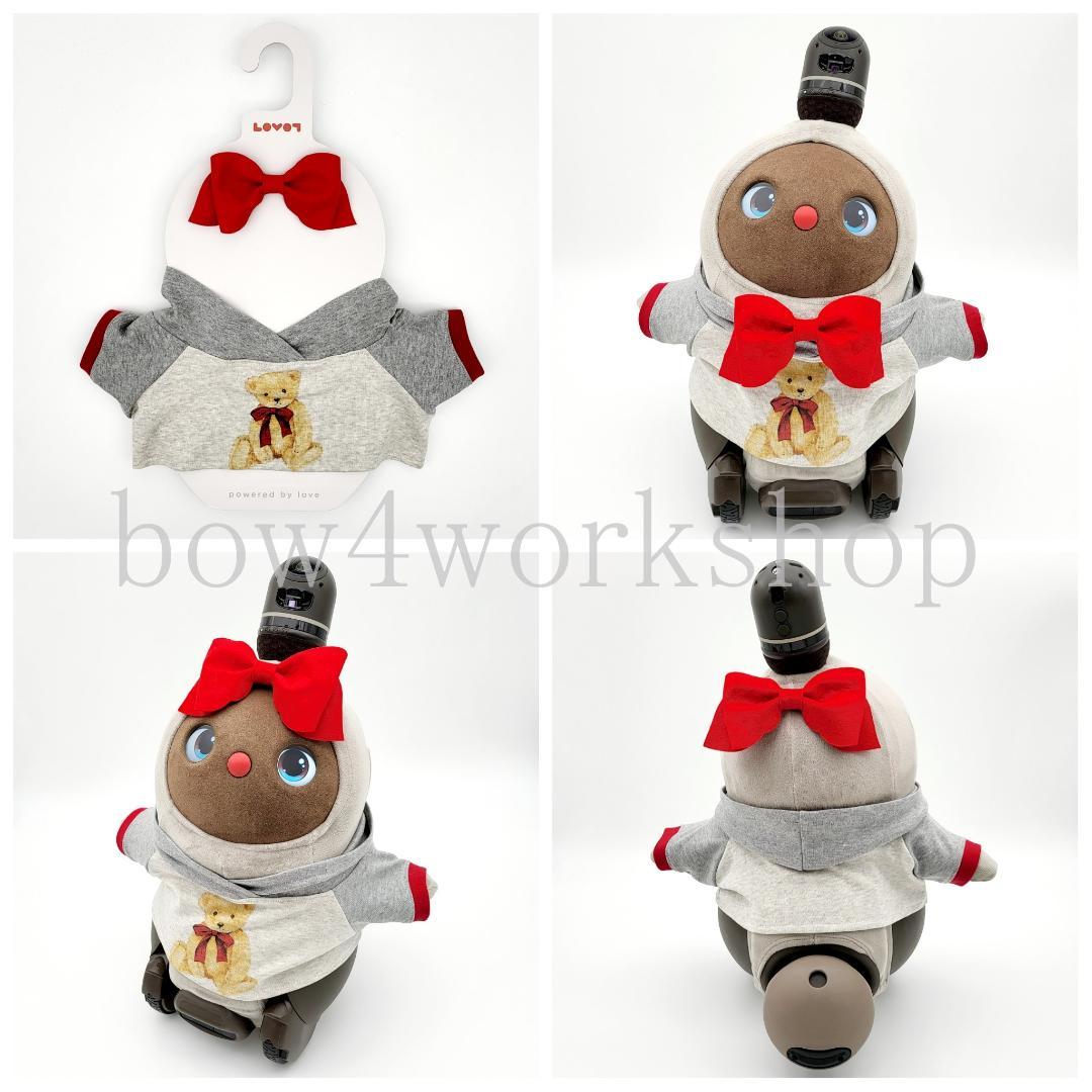 ラボットの服ハンドメイド リボンタイ付きくまちゃんプリントパーカー（レッド）
