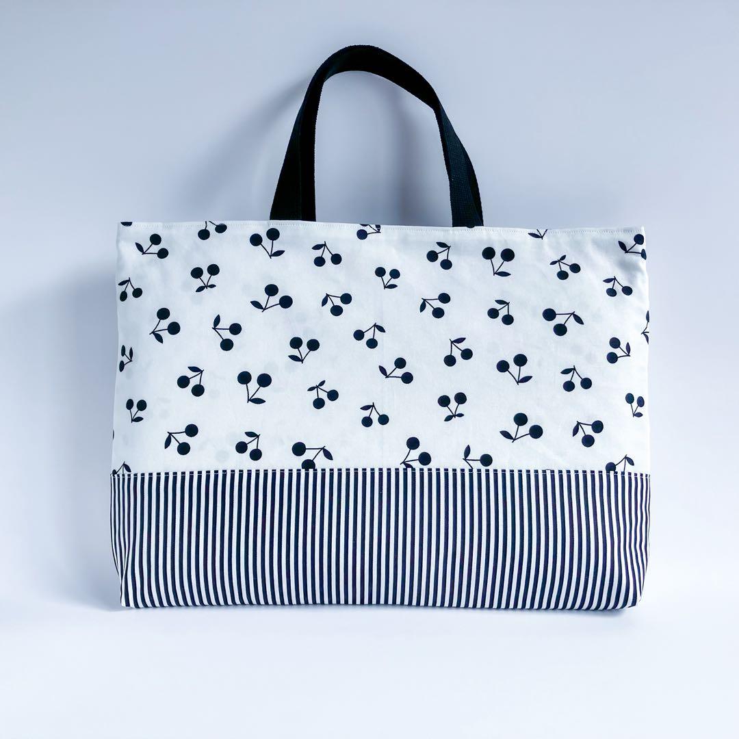 入園入学 7点セット モノトーン さくらんぼ柄 女の子 レッスンバッグ 上履き袋