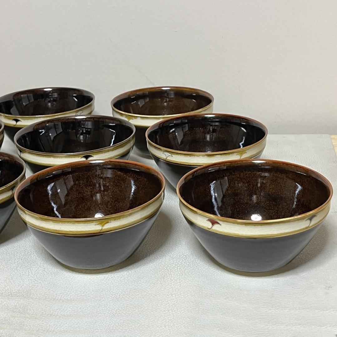 粟田焼 岡田佳山 銀杏画 数茶碗 十客 共箱 抹茶碗 茶道具 【k3468】