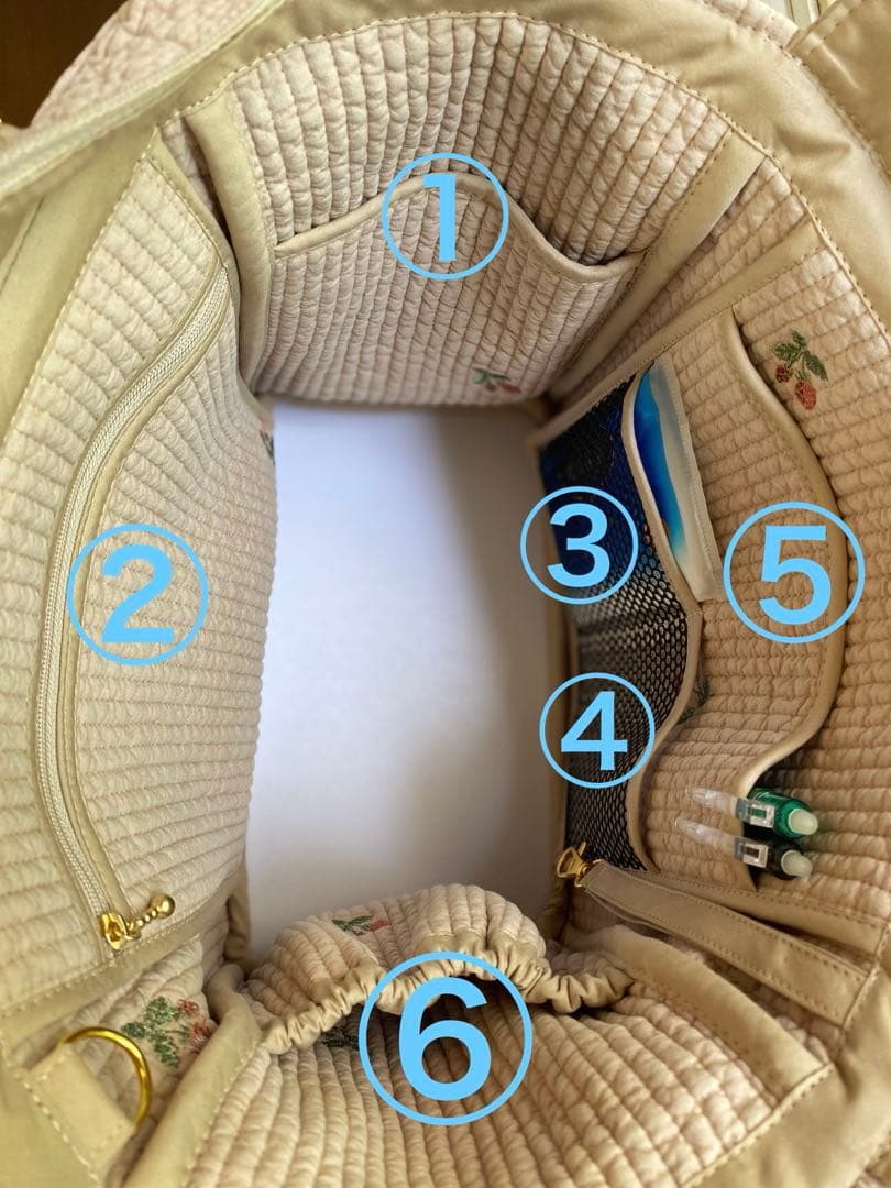 程よいサイズでポケットいっぱいヌビバッグ　ベージュ×いちご　ショルダーベルト付き