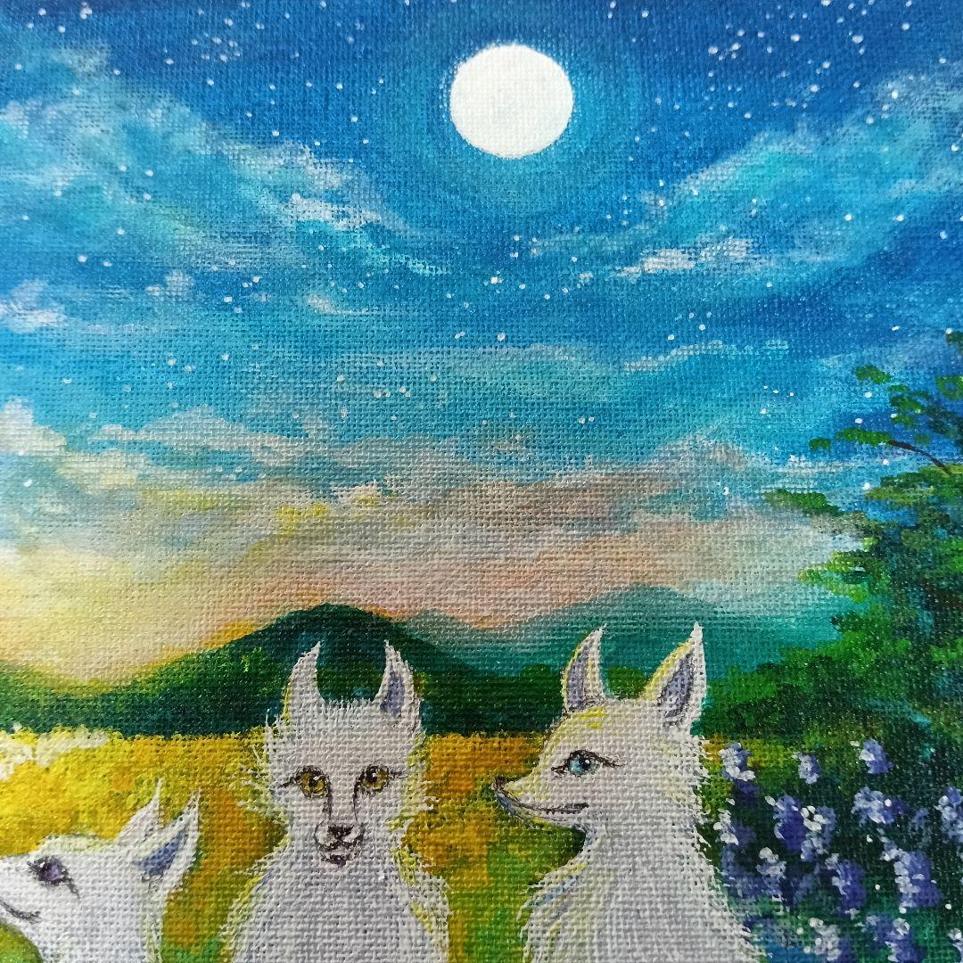 No.490 F3サイズ　お狐様　白狐　お稲荷さん 花畑　満月　開運絵画