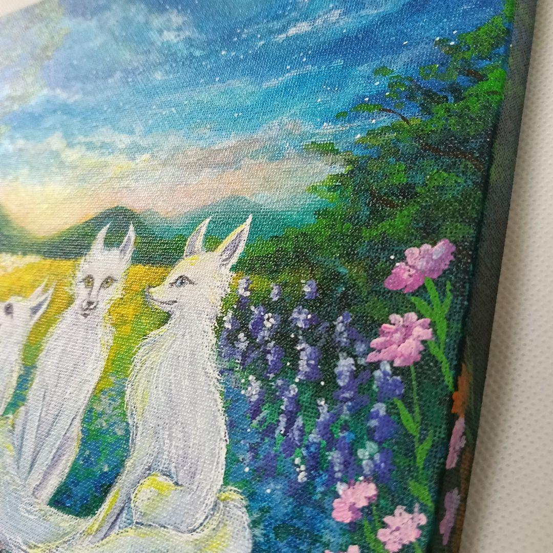 No.490 F3サイズ　お狐様　白狐　お稲荷さん 花畑　満月　開運絵画