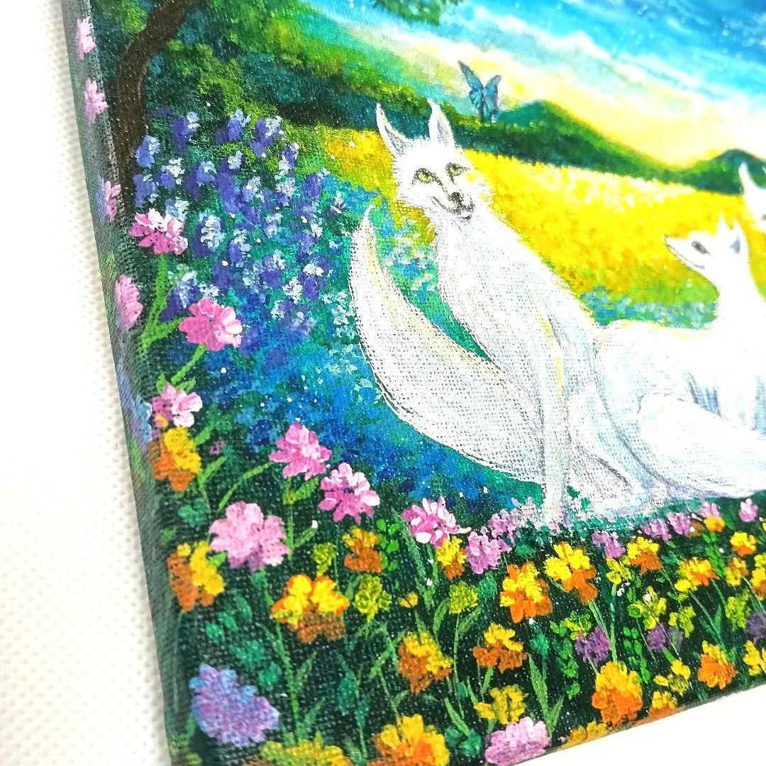 No.490 F3サイズ　お狐様　白狐　お稲荷さん 花畑　満月　開運絵画