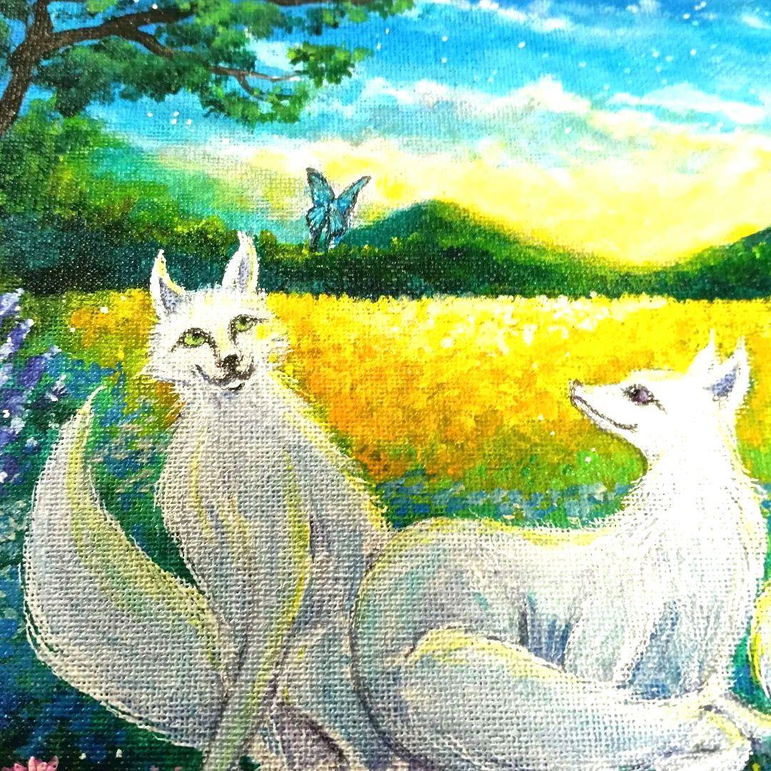 No.490 F3サイズ　お狐様　白狐　お稲荷さん 花畑　満月　開運絵画