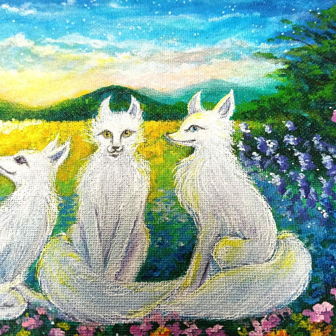 No.490 F3サイズ　お狐様　白狐　お稲荷さん 花畑　満月　開運絵画