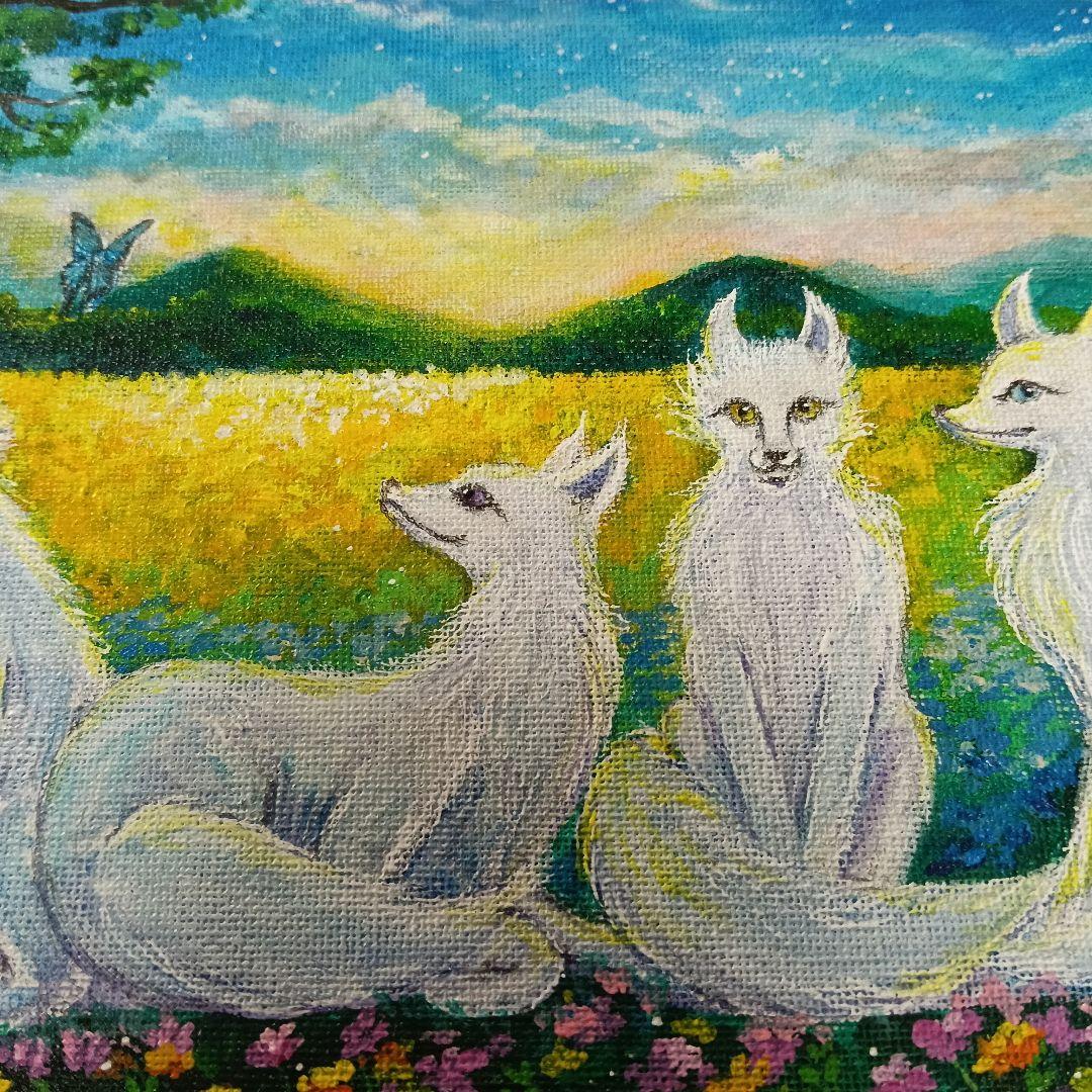 No.490 F3サイズ　お狐様　白狐　お稲荷さん 花畑　満月　開運絵画