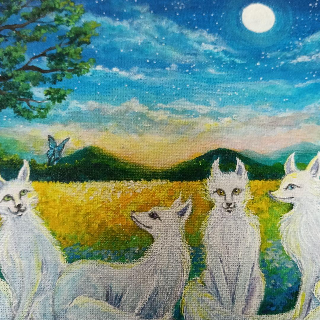 No.490 F3サイズ　お狐様　白狐　お稲荷さん 花畑　満月　開運絵画