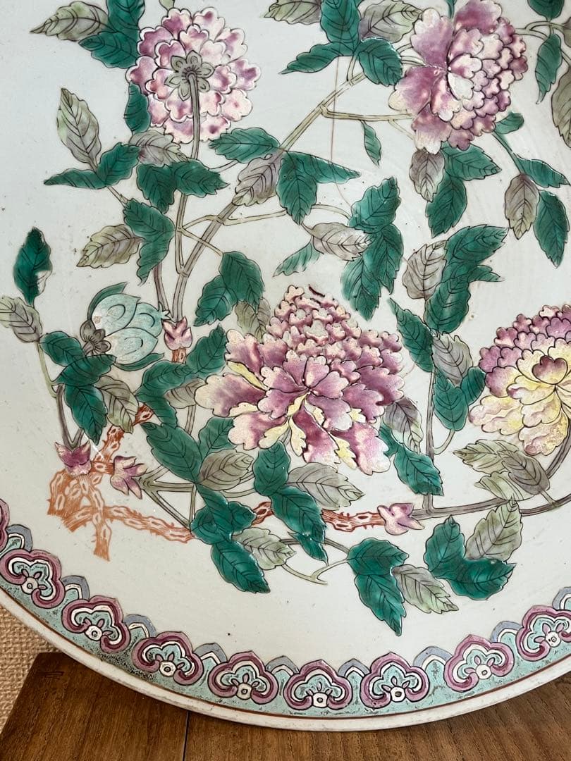 中国美術 清時代 同治年製特大 色絵花卉大皿37cm 時代保証
