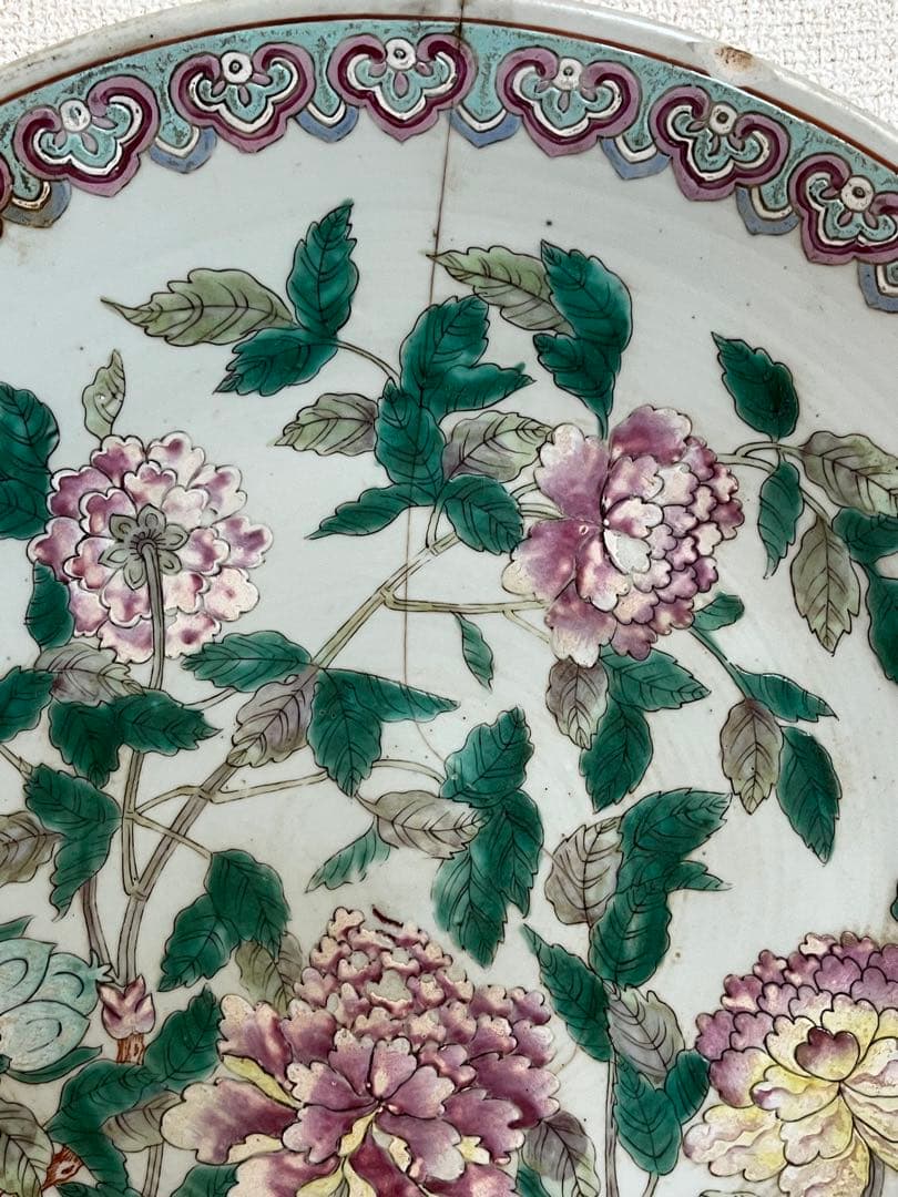 中国美術 清時代 同治年製特大 色絵花卉大皿37cm 時代保証