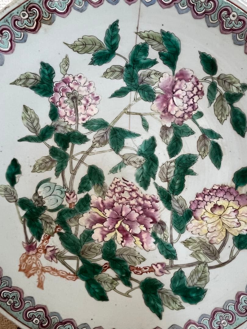 中国美術 清時代 同治年製特大 色絵花卉大皿37cm 時代保証