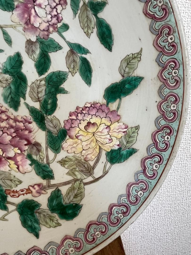 中国美術 清時代 同治年製特大 色絵花卉大皿37cm 時代保証