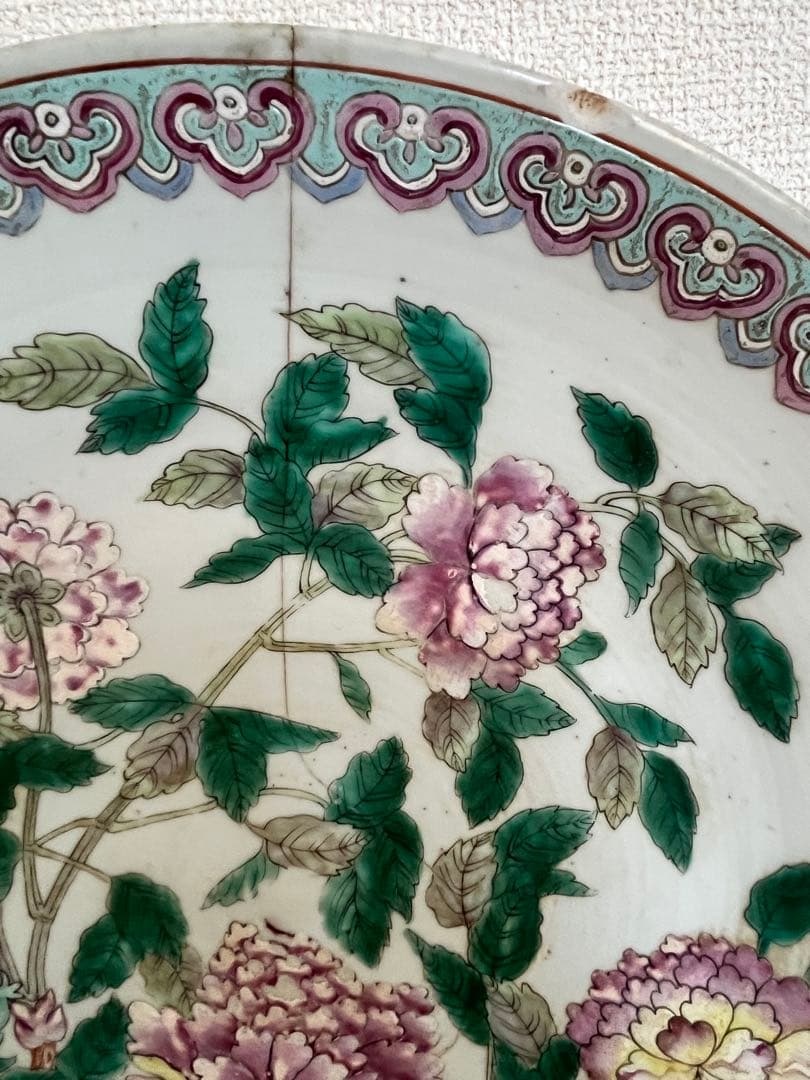 中国美術 清時代 同治年製特大 色絵花卉大皿37cm 時代保証