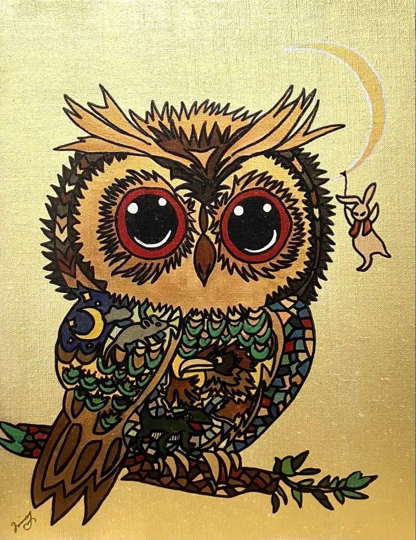 【F6号】ジミー大西（ふくろう）手描き/表裏サイン有/油彩/アクリル/額縁/絵画