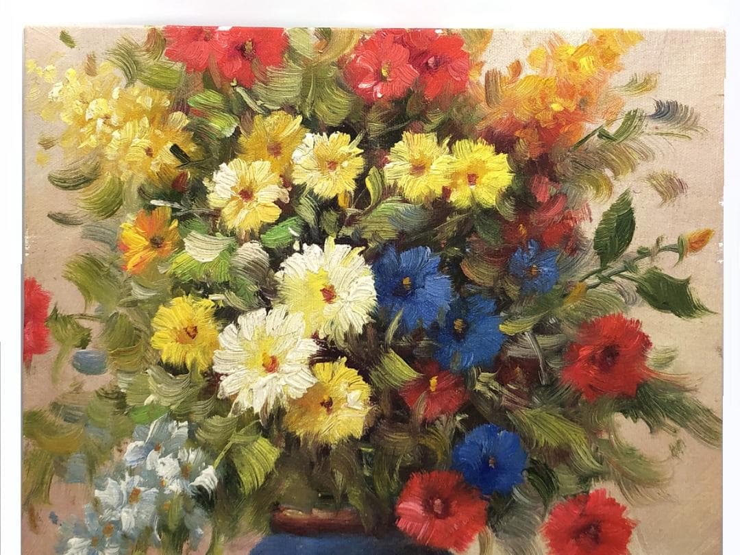 【 三岸節子「花」】　キャンバスF8　肉筆油彩　画廊シール　アルミ額