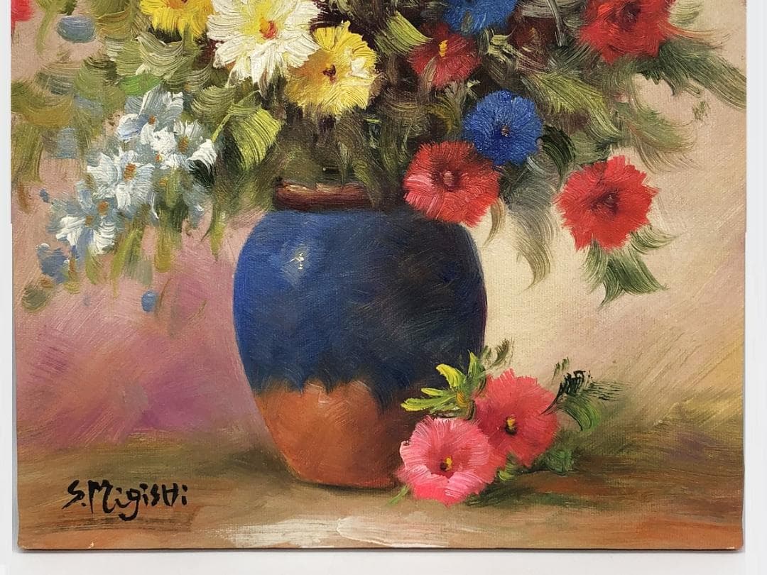 【 三岸節子「花」】　キャンバスF8　肉筆油彩　画廊シール　アルミ額