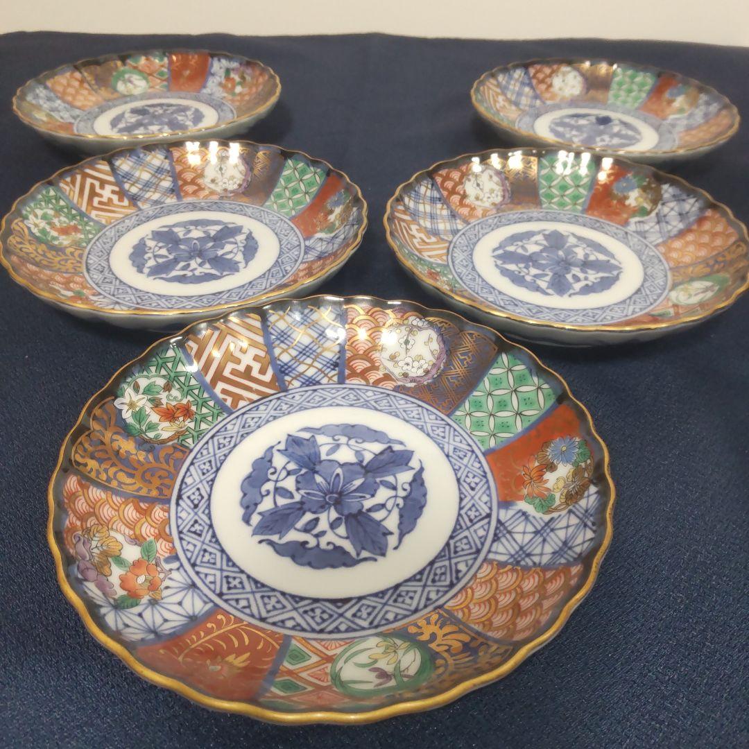 龍峰 菊割 祥瑞花丸紋 金彩 古伊万里 小皿 皿5枚　未使用品