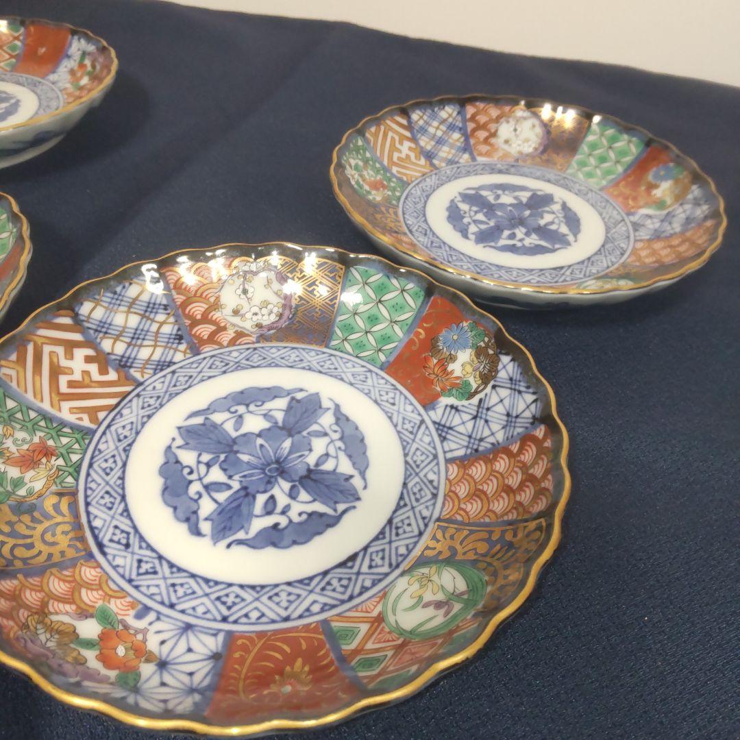 龍峰 菊割 祥瑞花丸紋 金彩 古伊万里 小皿 皿5枚　未使用品