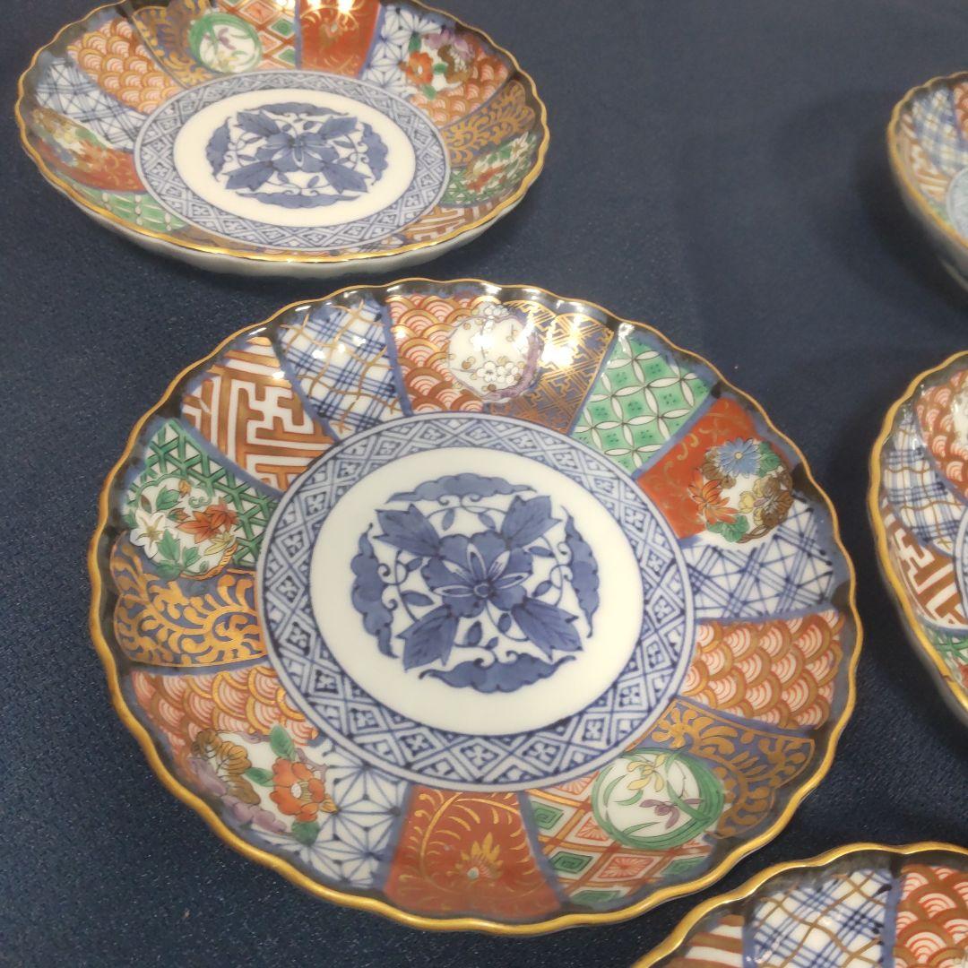 龍峰 菊割 祥瑞花丸紋 金彩 古伊万里 小皿 皿5枚　未使用品