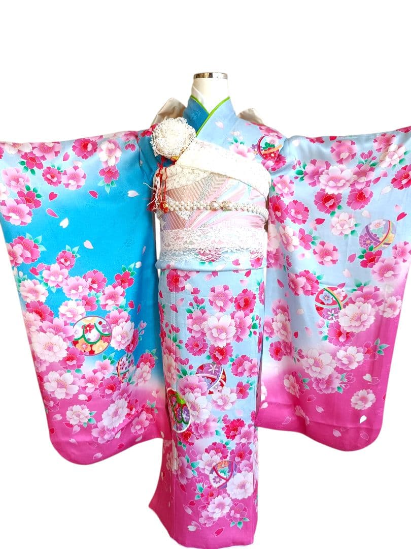 専用です☆正絹☆ブルーピンクの着物にキラキラ作り帯