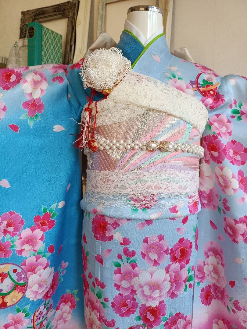 専用です☆正絹☆ブルーピンクの着物にキラキラ作り帯