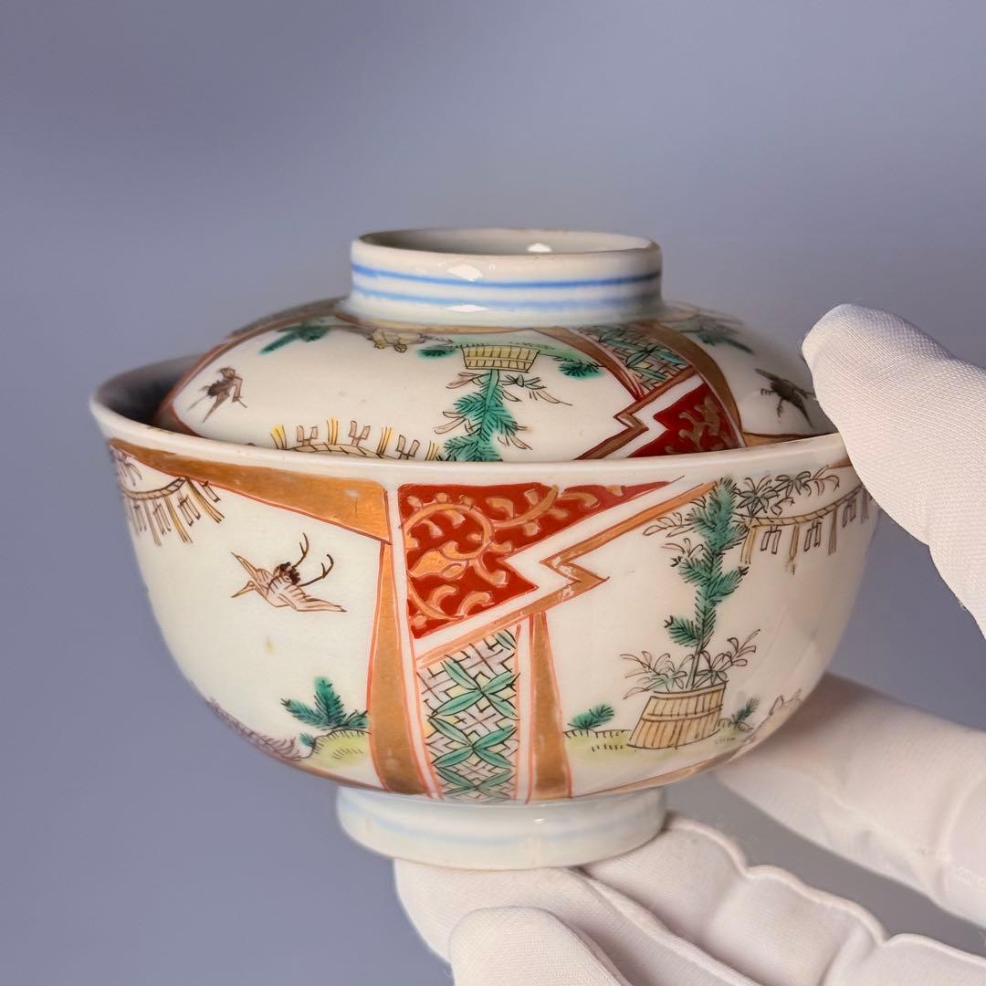 幕末～明治期　色絵鶴亀文様蓋物　五客　納箱付　料理屋　古器を楽しむ　金襴手　赤絵