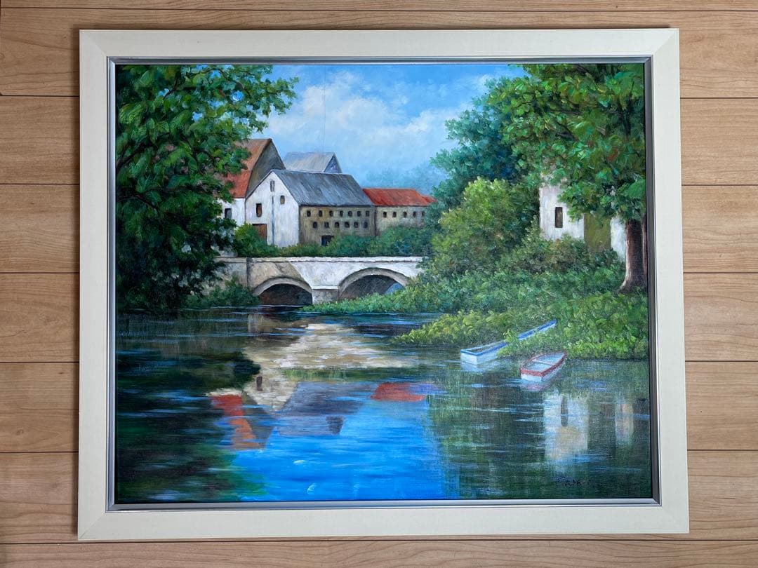 風景画 油絵 油彩 肉筆 「Marris」サイン有り / 池 メガネ橋 ボート