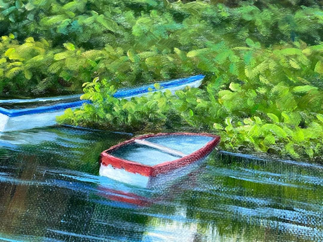 風景画 油絵 油彩 肉筆 「Marris」サイン有り / 池 メガネ橋 ボート