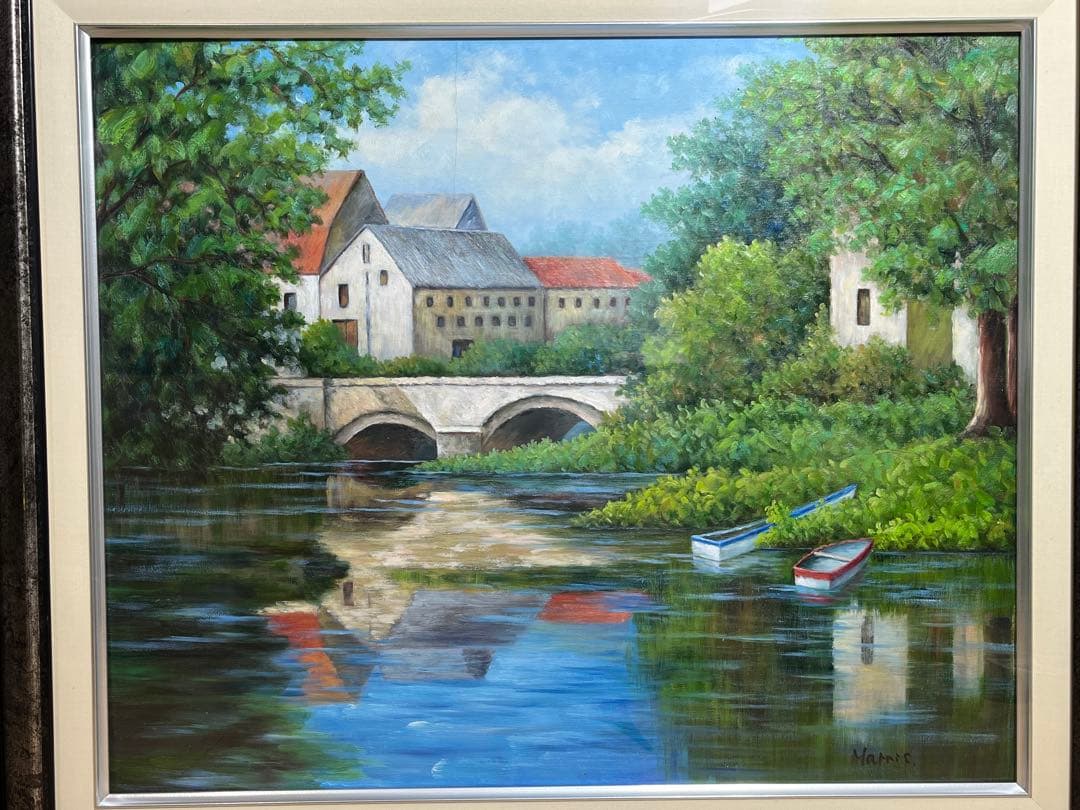 風景画 油絵 油彩 肉筆 「Marris」サイン有り / 池 メガネ橋 ボート