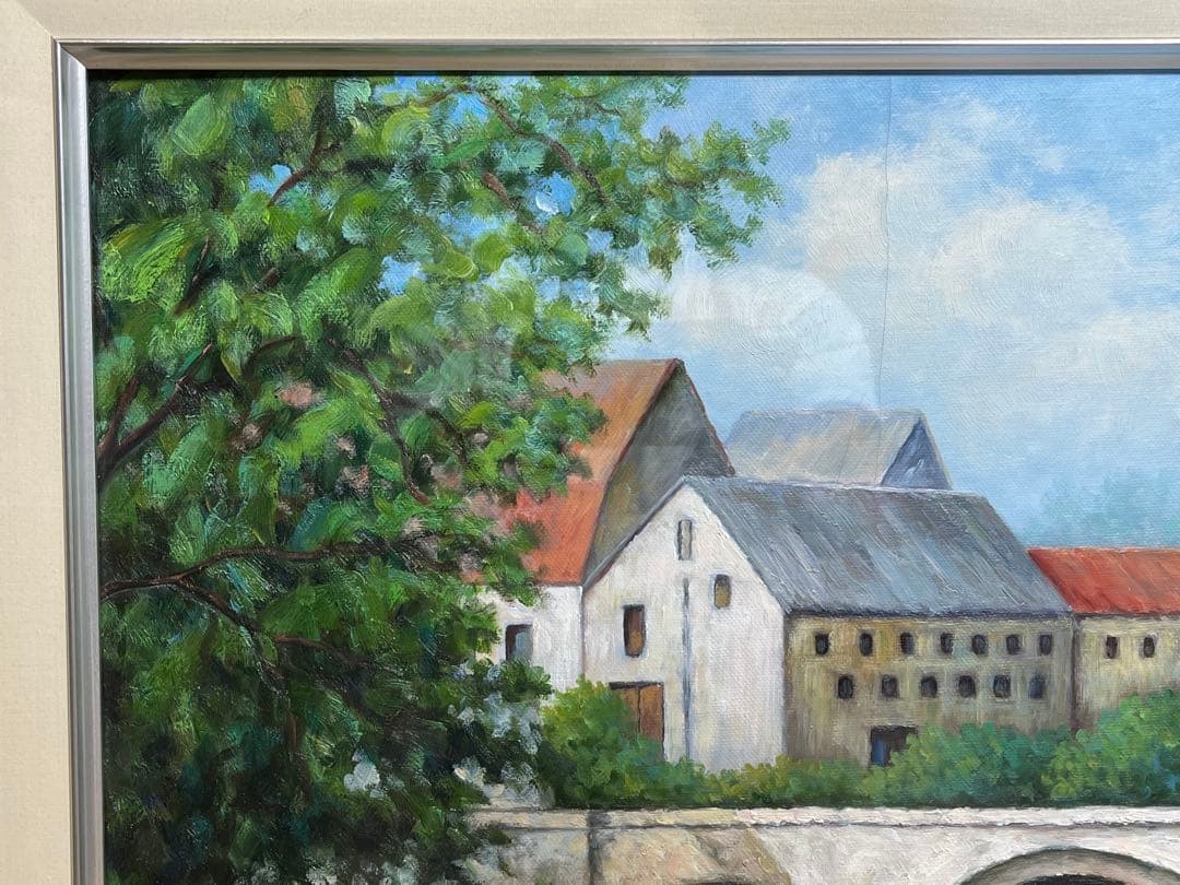 風景画 油絵 油彩 肉筆 「Marris」サイン有り / 池 メガネ橋 ボート