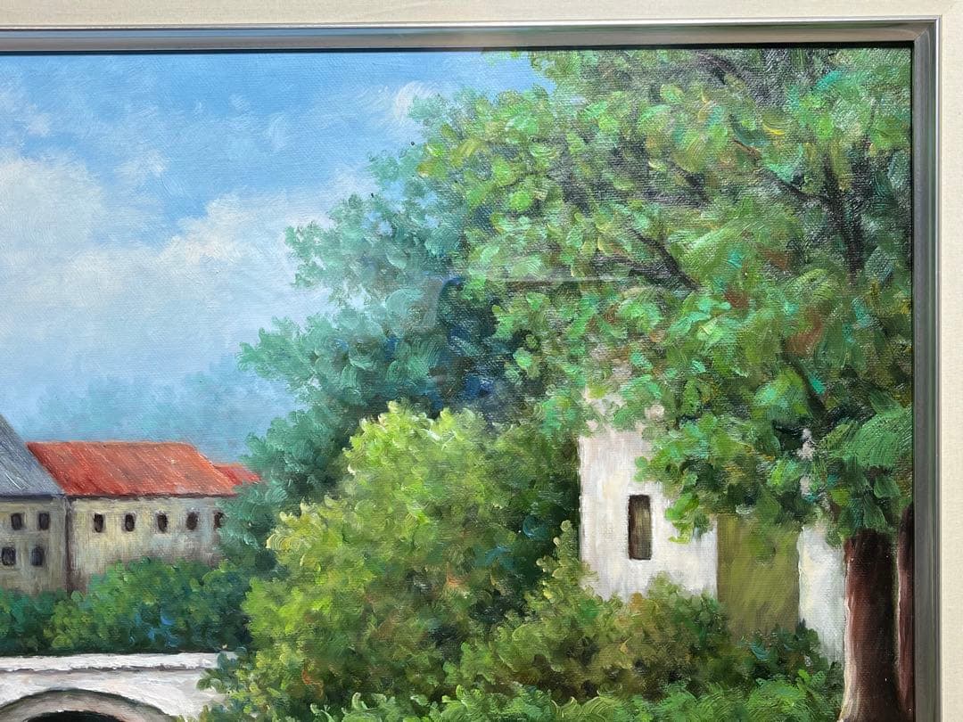 風景画 油絵 油彩 肉筆 「Marris」サイン有り / 池 メガネ橋 ボート