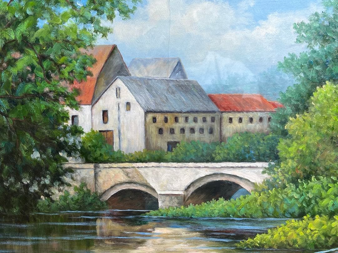 風景画 油絵 油彩 肉筆 「Marris」サイン有り / 池 メガネ橋 ボート