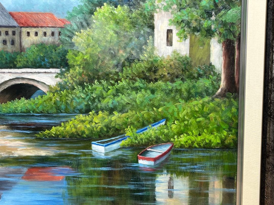 風景画 油絵 油彩 肉筆 「Marris」サイン有り / 池 メガネ橋 ボート