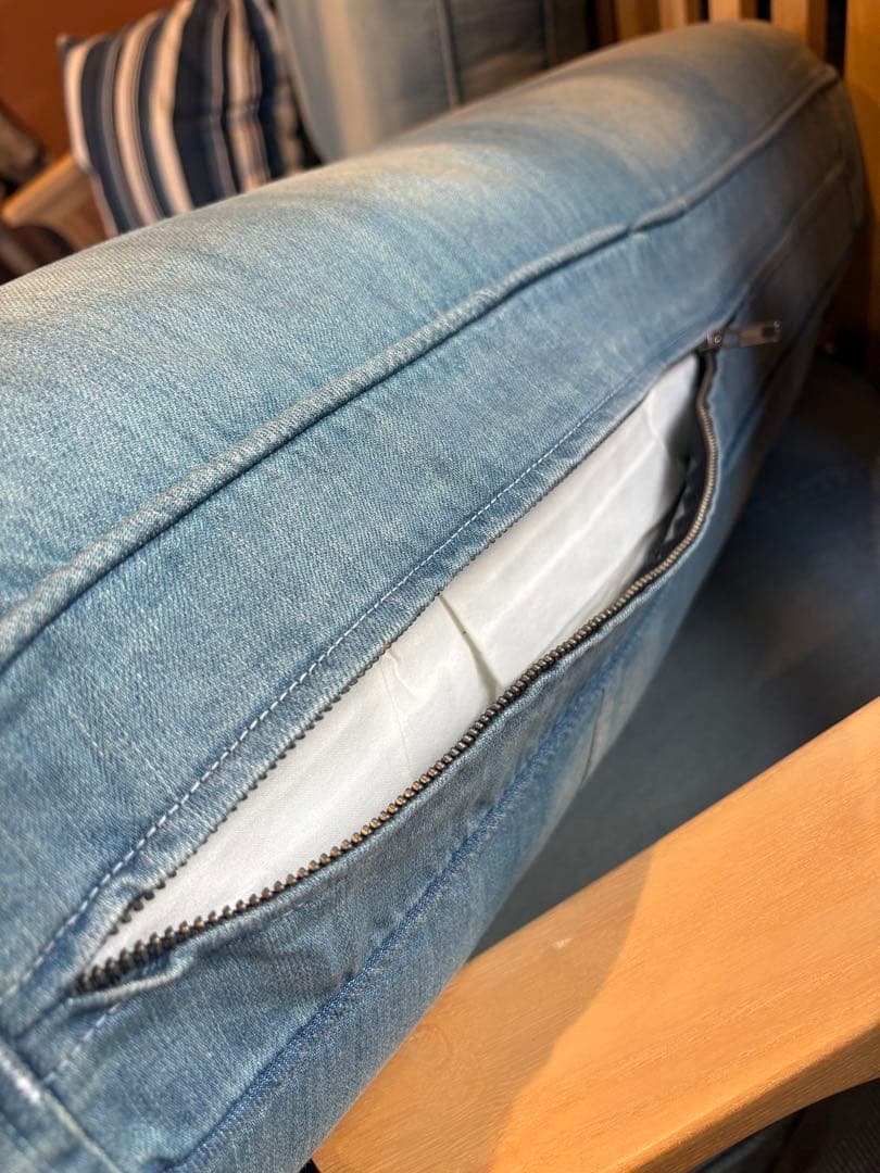 木製　デニム　水色 モダンデザインソファ 2.5人掛け