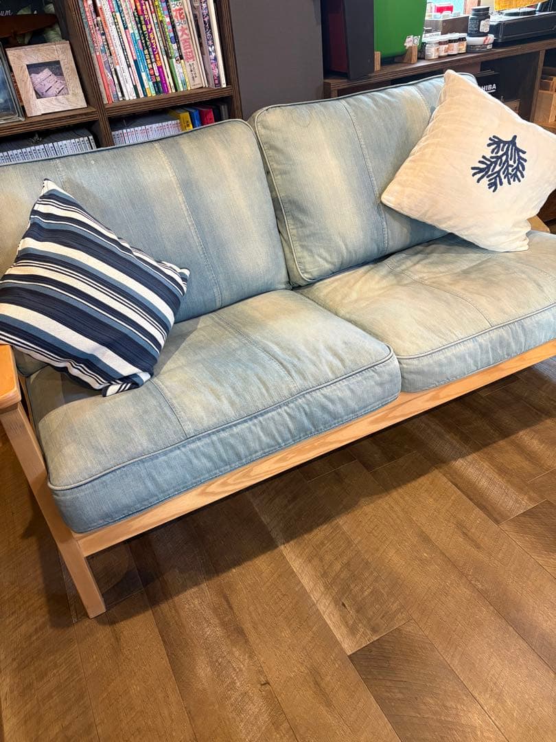 木製　デニム　水色 モダンデザインソファ 2.5人掛け