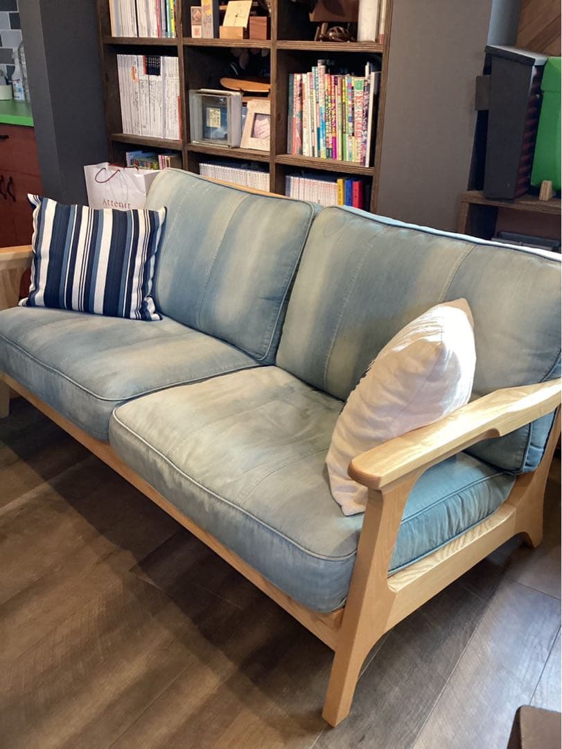 木製　デニム　水色 モダンデザインソファ 2.5人掛け