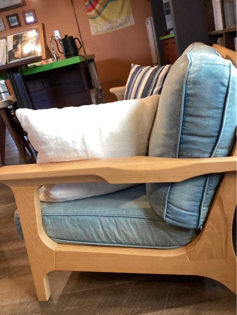 木製　デニム　水色 モダンデザインソファ 2.5人掛け