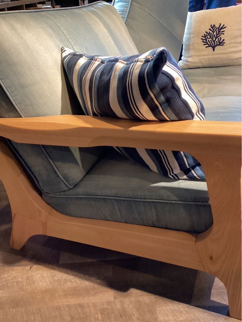 木製　デニム　水色 モダンデザインソファ 2.5人掛け