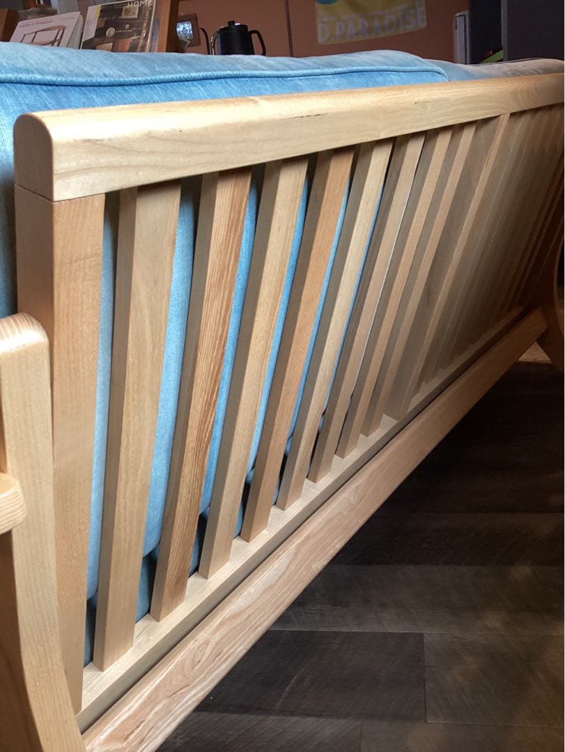 木製　デニム　水色 モダンデザインソファ 2.5人掛け