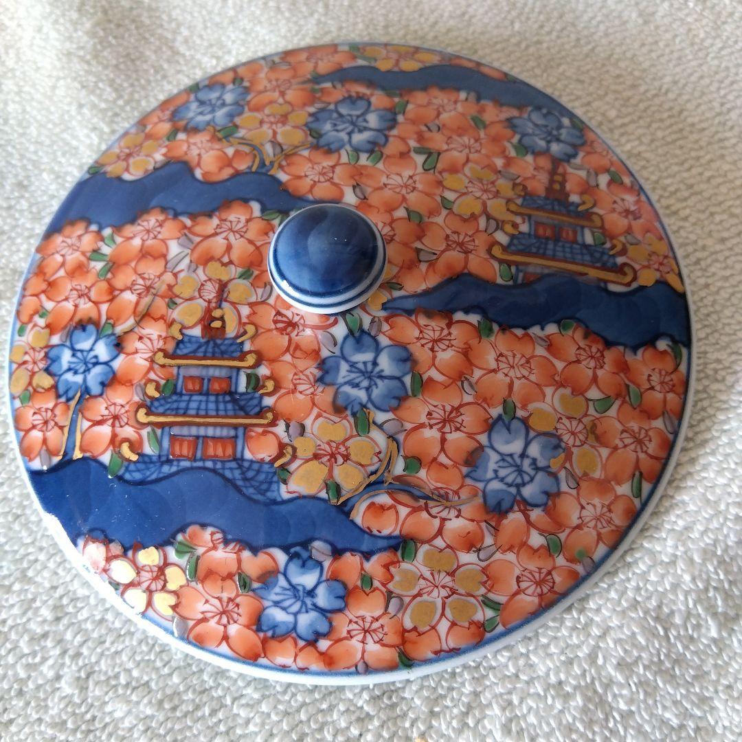 館林源右衛門作　染錦楼閣紋様蓋付湯呑