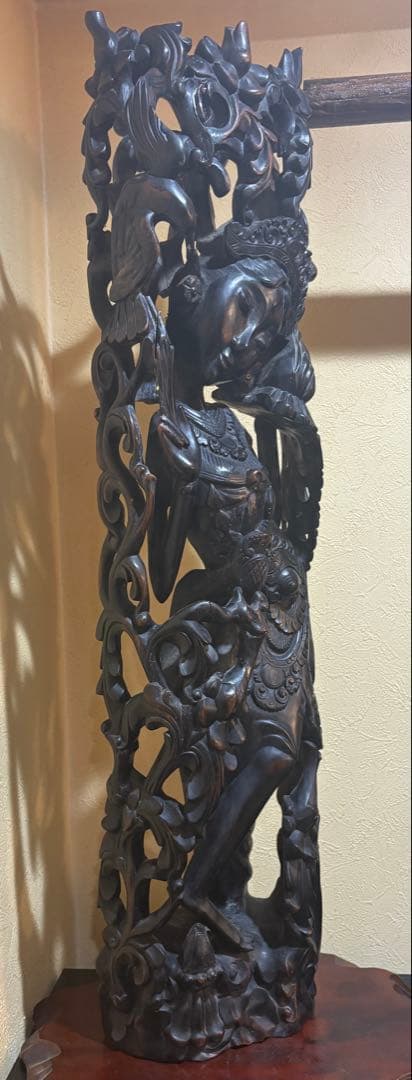 黒檀 木彫 細密彫刻 女神 77cm 大型 バリ 神 神話 置物 彫刻 美術品